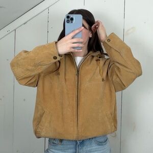 M. Julian Wilsons Tan Suede Leather Bomber Jacket Women’s Medium Hooded Full Zip